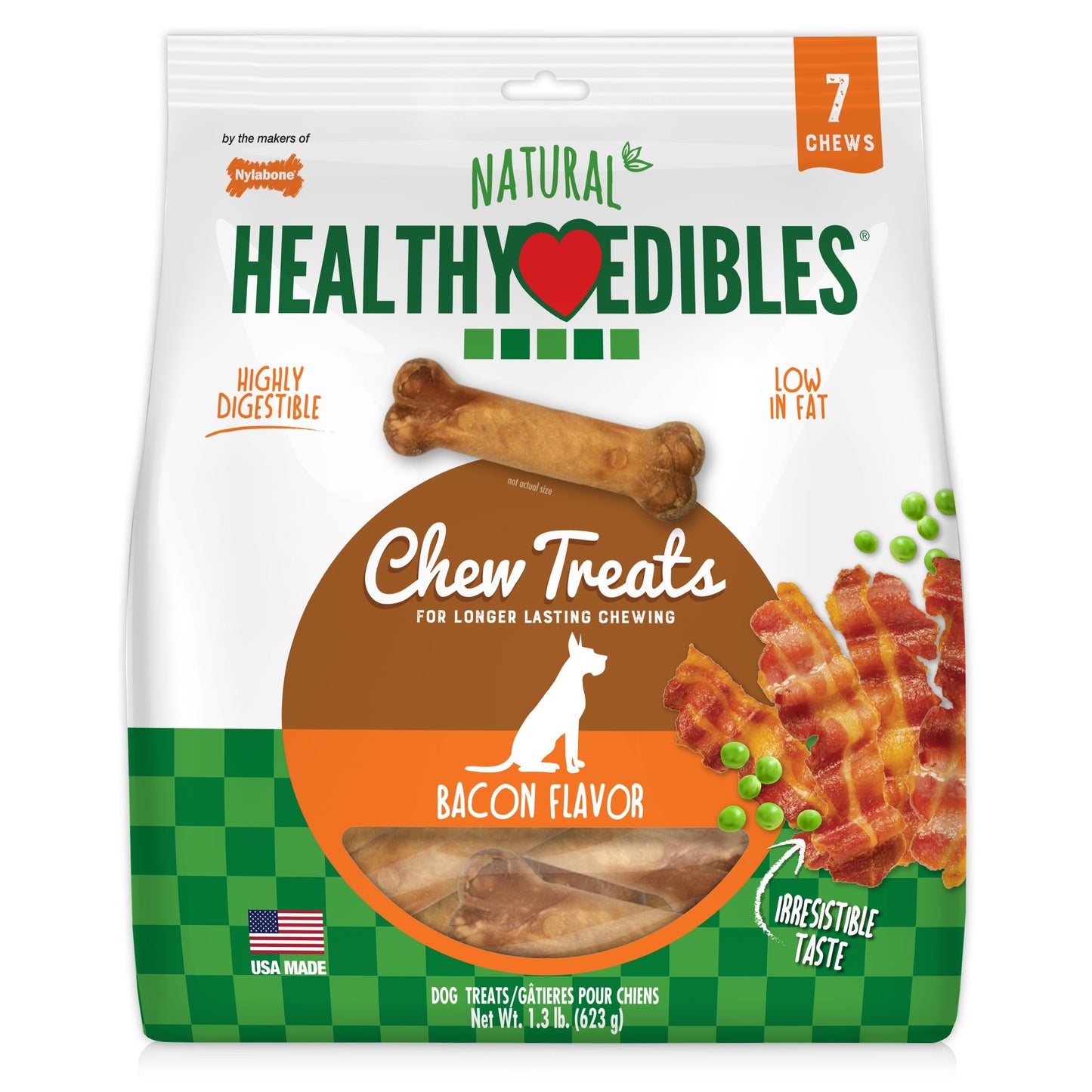 Nylabone Healthy Edibles AllNatural Long Lasting Chew Treats Bacon, 1ea/Medium/Wolf Up To 35 Lbs. 7 ct