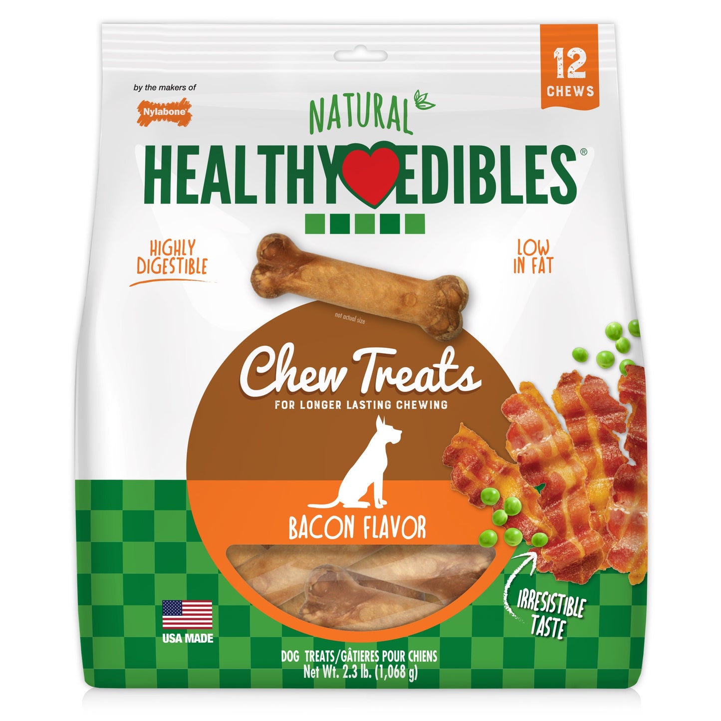 Nylabone Healthy Edibles AllNatural Long Lasting Chew Treats Bacon, 1ea/Medium/Wolf Up To 35 Lbs. 12 ct