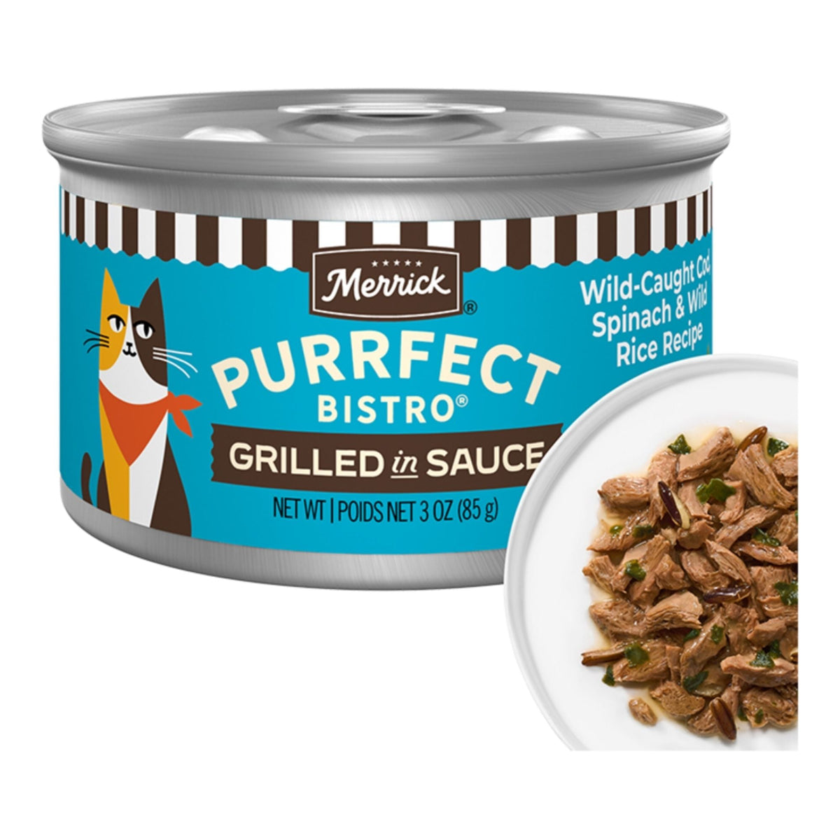 Merrick Cat Purrfect Bistro Delicious Premium High Protein Wild Caught Cod Spinach And Wild Rice Recipe Grilled In Gravy 3oz. (Case of 24)