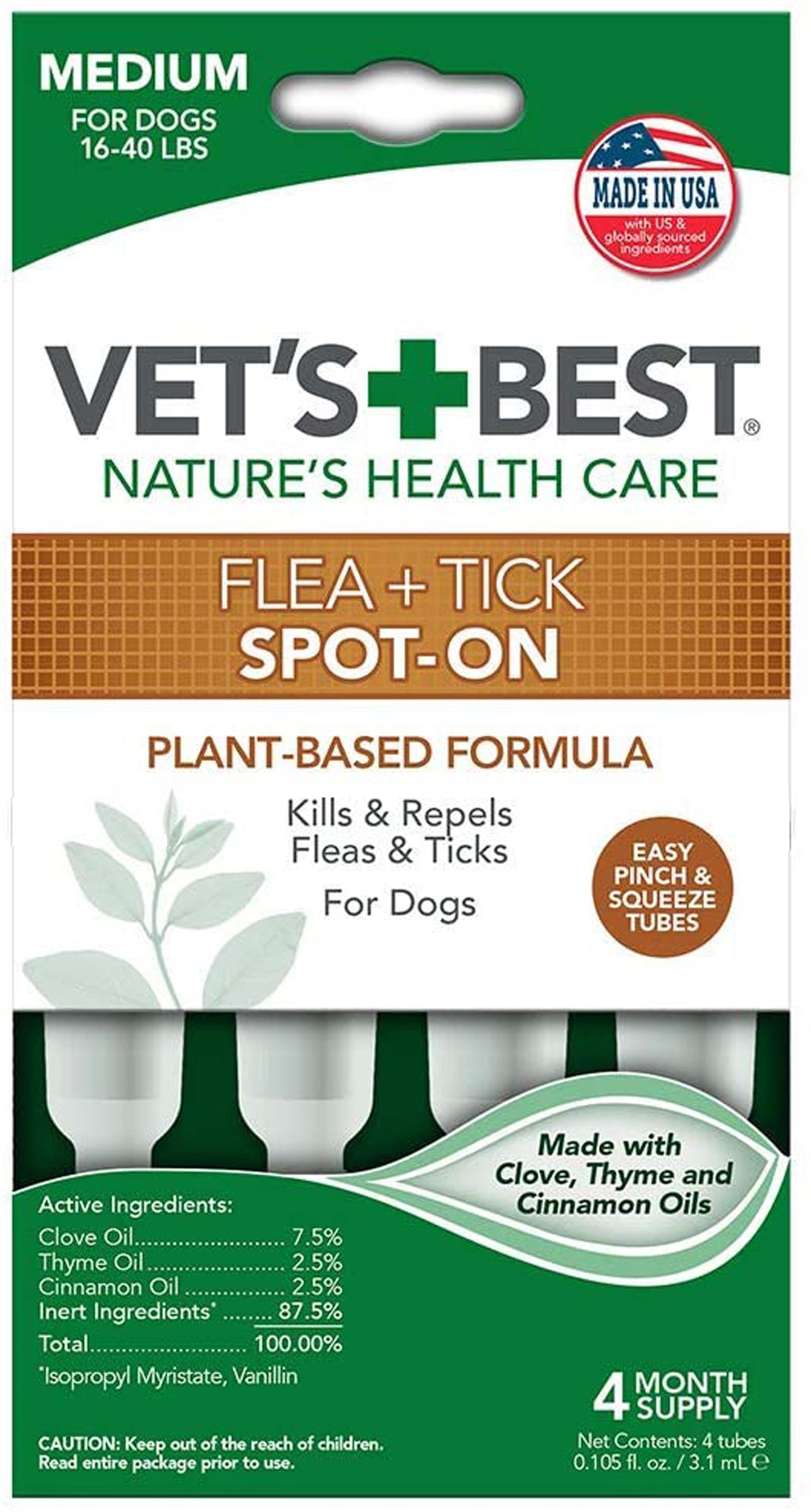 Vet's Best Flea & Tick Spot-On Plant Based Formula Medium Dog 16-40lb 4ct