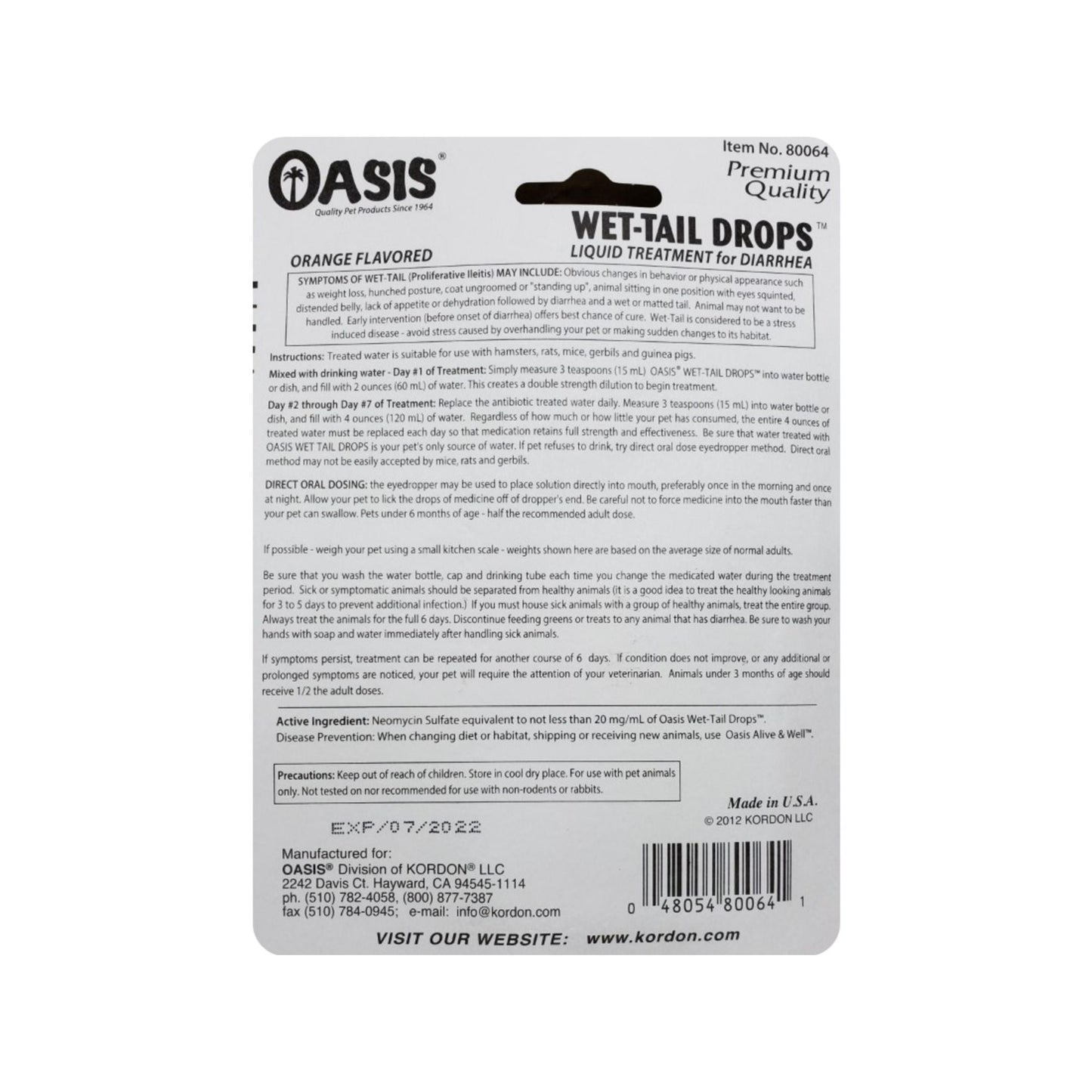 Oasis Wet Tail Drops Diarrhea Treatment for Small Animals 1ea/1 floz.