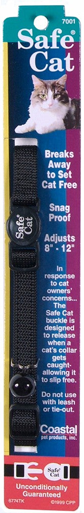 Coastal Safe Cat Adjustable Snag-Proof Nylon Breakaway Collar Black 3/8X12