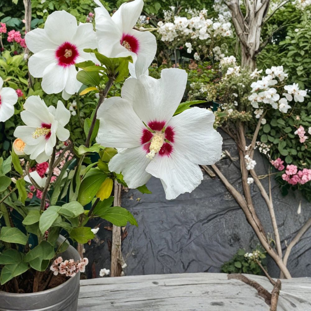 Red Heart Rose of Sharon – Hibiscus syriacus Live Plant in 2 Gallon Pot with White and Red Flowers