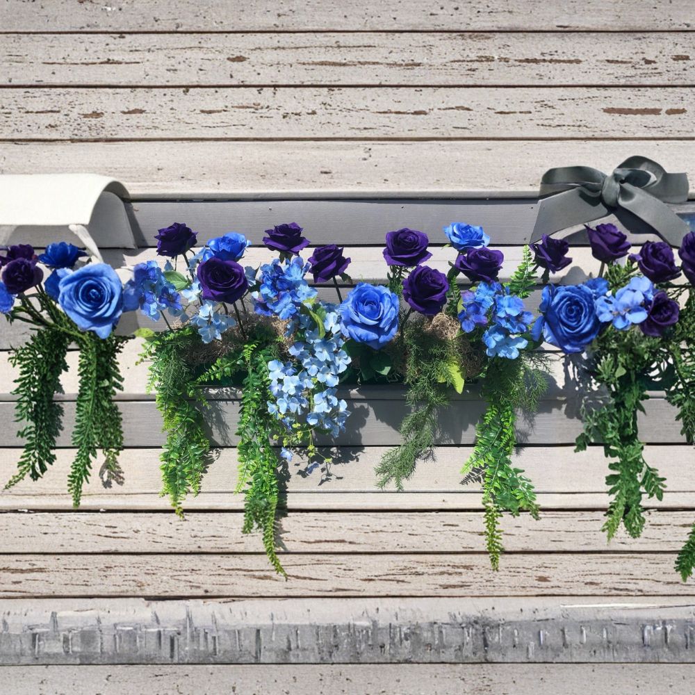 Silk Window Box Arrangement with Cascading Greens, Blue & Purple Roses – Fits 36 Inch Window Box