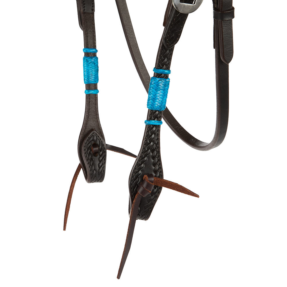 WD-RRSBH-T Turquoise Rawhide Rope Tooled Browband Headstall