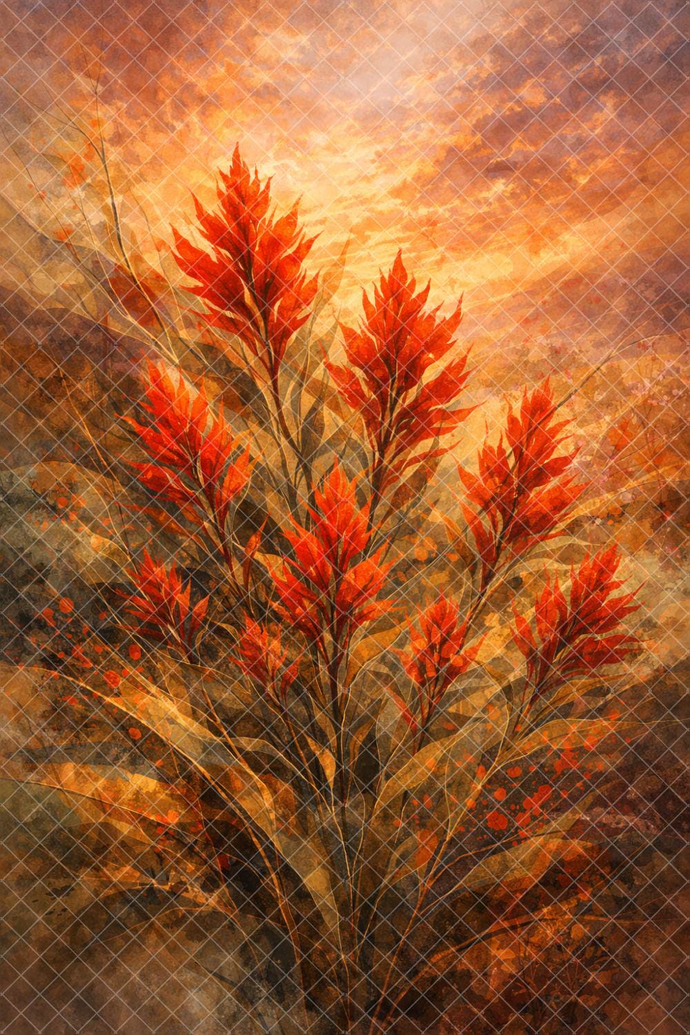 Giant Red Indian Paintbrush Botanical Print – Wildflower Digital Download – Castilleja miniata Mountain Meadow Wall Art