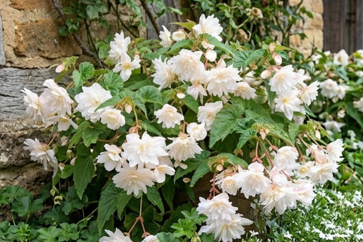 White Double Hanging Basket Begonia Bulbs – Cascading Flowering Plant for Gardens & Containers – Begonia x tuberhybrida