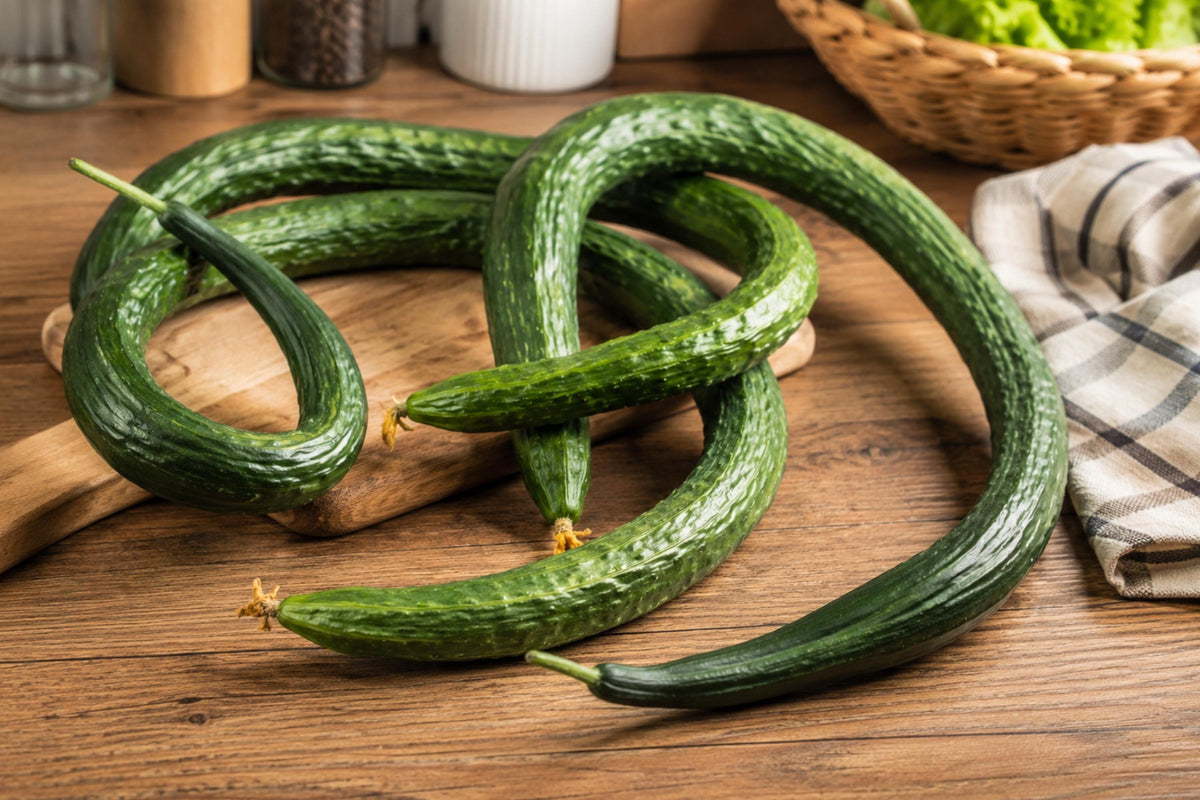 Chinese Snake Curved Cucumber Seeds – Asian Heirloom, Long Slender Curved Fruits, Crisp Texture, Mild Flavor, Climbing Vine, Fresh Eating