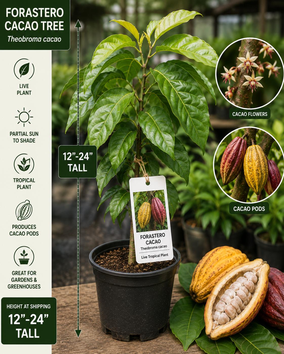 Forastero Cacao Plant – Live Tropical Theobroma cacao Seedling – Edible Evergreen Plant for Gardens & Greenhouses