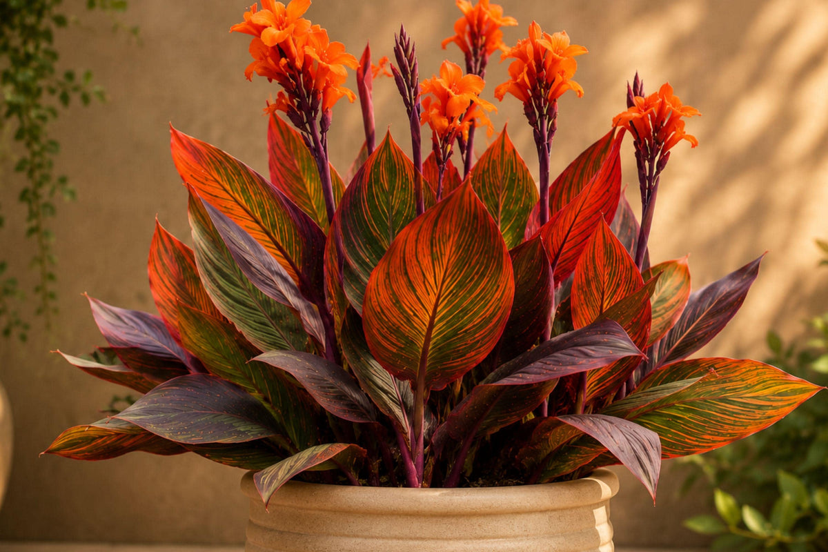 Canna Tropicanna Rhizome - Orange Summer Blooms & Variegated Purple Foliage - Canna indica 'Tropicanna'
