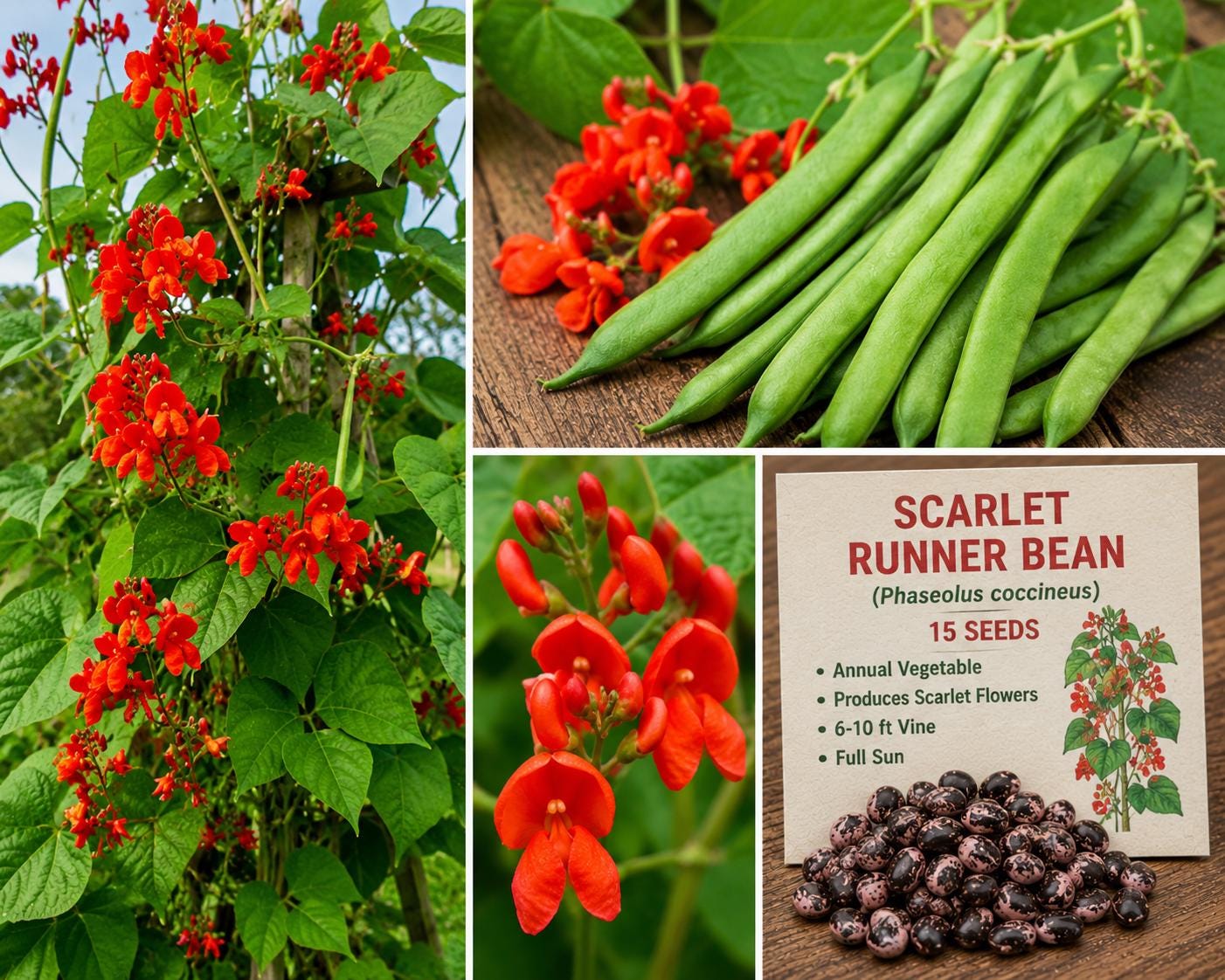 Scarlet Runner Bean Seeds – Phaseolus coccineus Climbing Bean with Red Flowers, Edible Green Pods, 15 Seeds