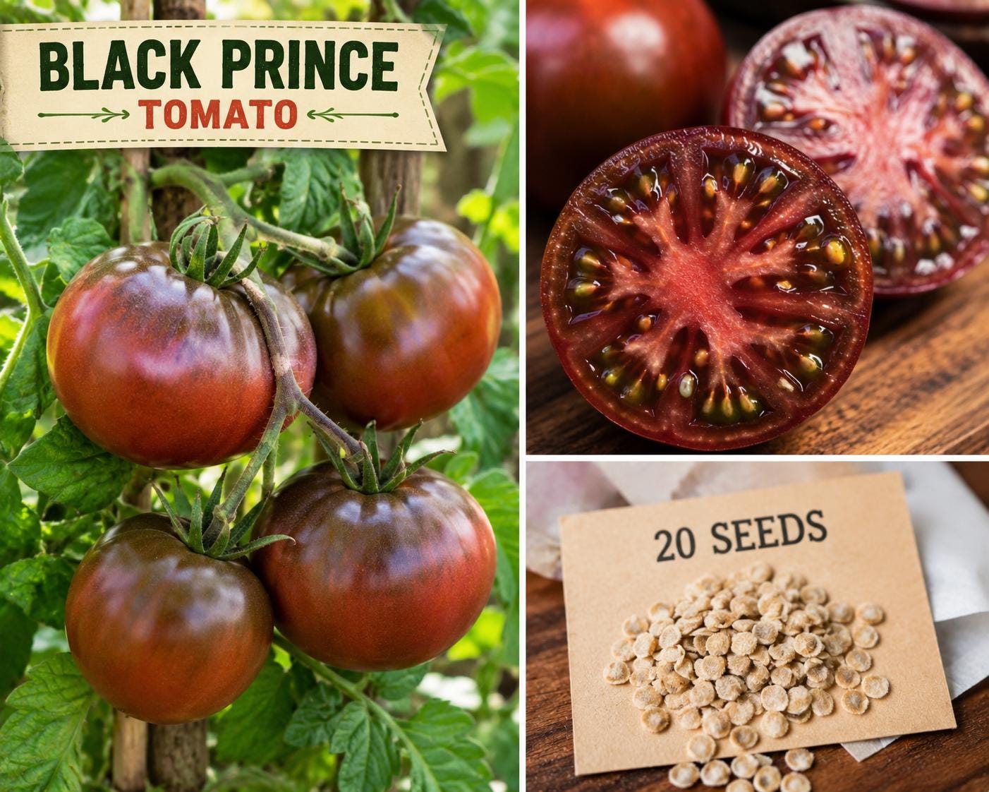 Black Prince Tomato Seeds – Heirloom Solanum lycopersicum Vining Variety with Dark Red to Black Fruits, 20 Seeds