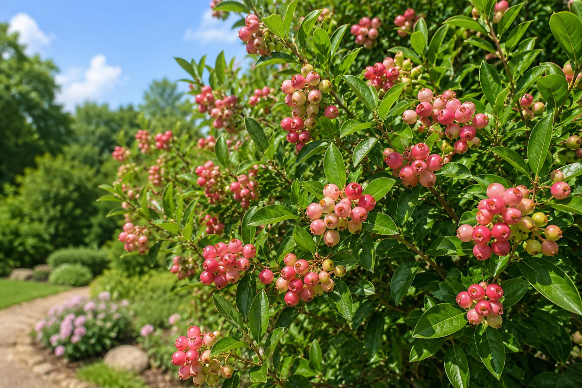 Pink Lemonade Blueberry Bush Starter Plant - Vaccinium corymbosum - Edible Landscape, Pink Berries, Full Sun, USA Grown
