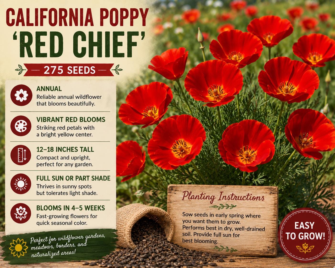 California Poppy Seeds – Red Chief Eschscholzia californica Wildflower Seeds for Gardens, Borders & Meadows