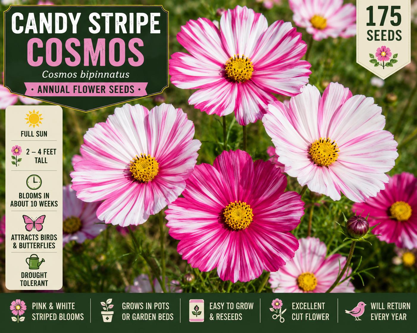 Candy Stripe Cosmos Seeds – Cosmos bipinnatus Annual Mix with Pink and White Striped Flowers for Gardens and Containers