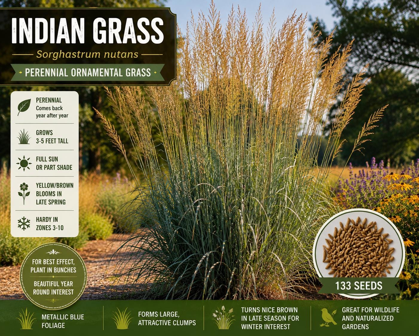 Indian Grass Seeds – Sorghastrum nutans Ornamental Perennial Grass for Landscaping and Wildlife Habitats