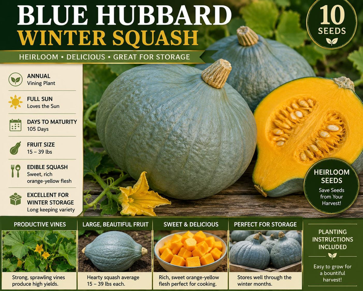 Blue Hubbard Winter Squash Seeds – Heirloom Cucurbita maxima, Large Orange Flesh, Vining Vegetable, Winter Storage Variety