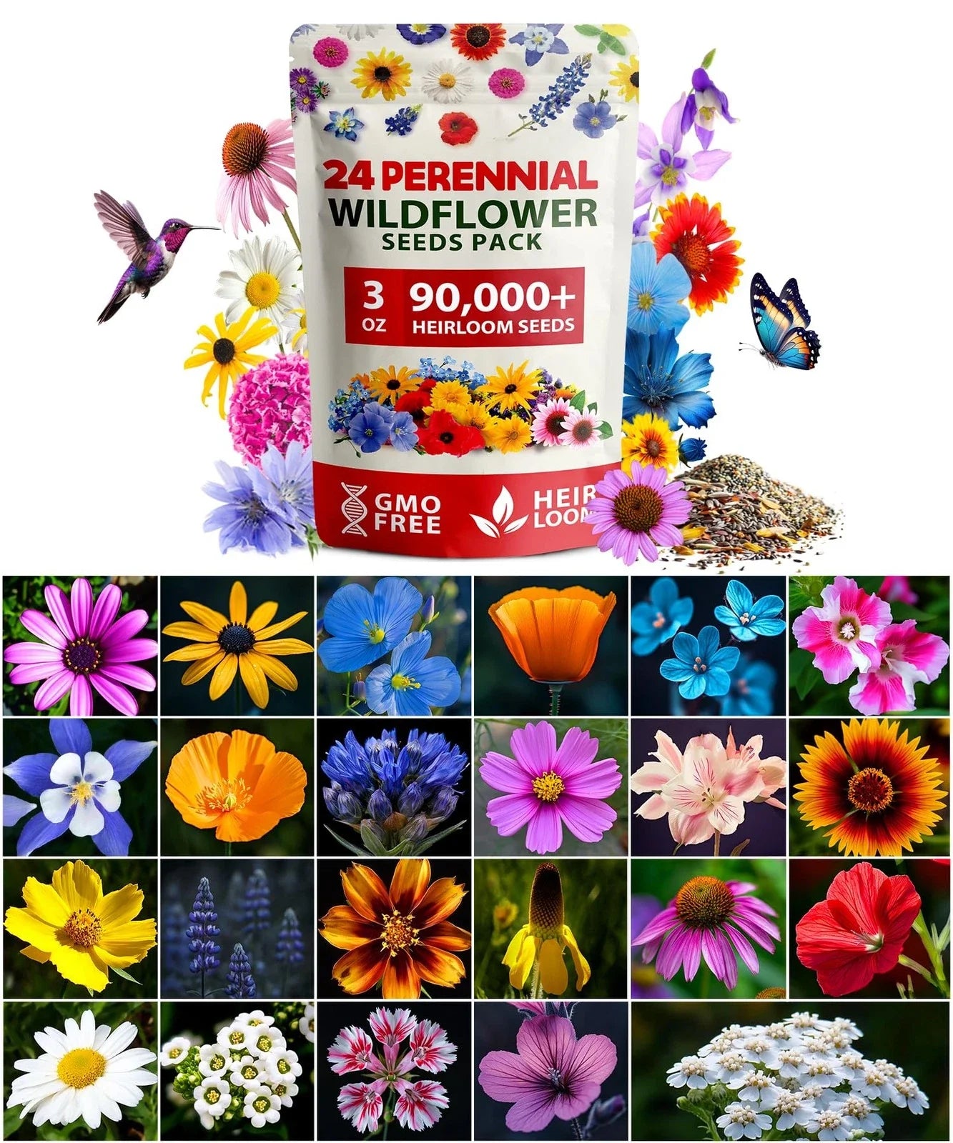 Wildflower Seeds 3oz Non-GMO Native Flora Mix for Pollinators, USA-Sourced, Biodiversity, Garden, Meadow, Landscaping