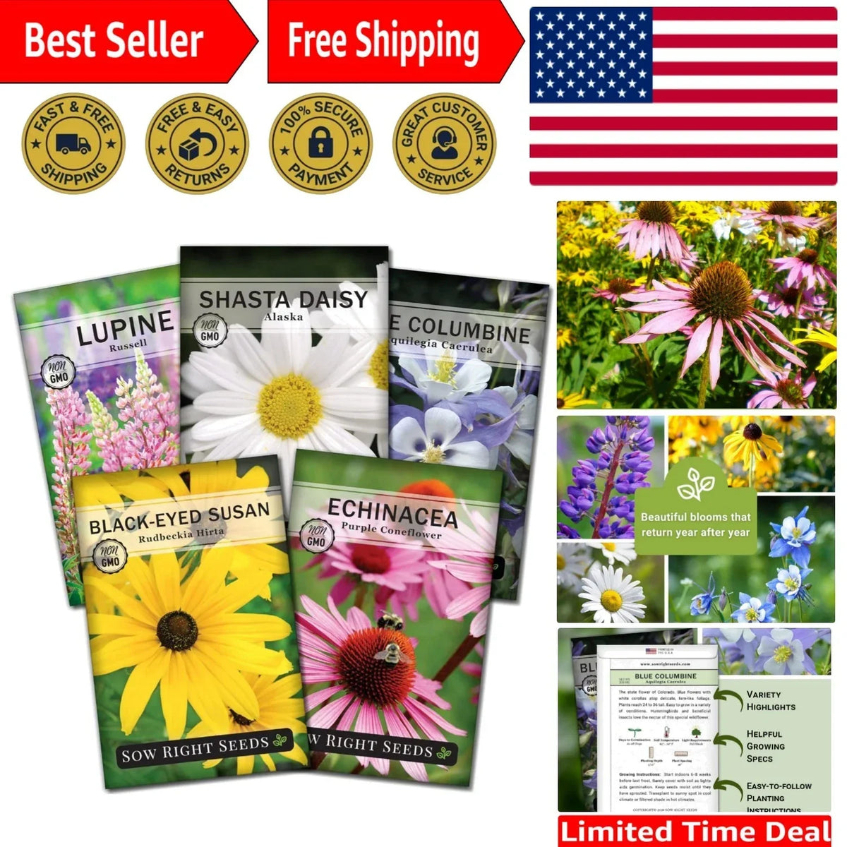 Flower Seed Collection - 5 Non-GMO Perennial Varieties for Gardens and Landscapes