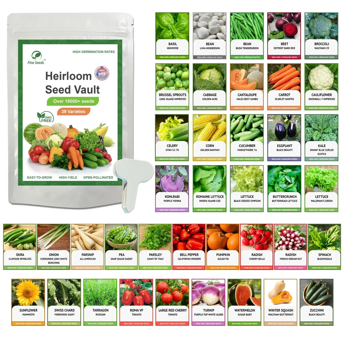 Heirloom Vegetable Seeds Kit – 39 Varieties, Over 18,000 Non-GMO Organic Seeds for Survival Gardening & Sustainable Farming