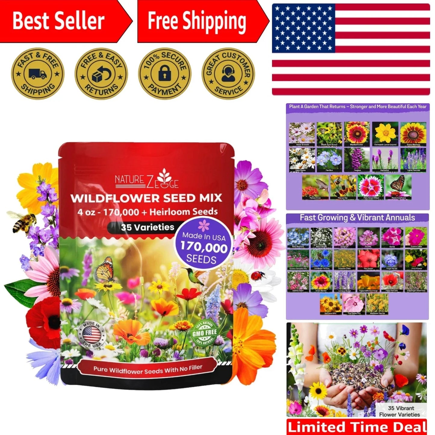 Wildflower Seed Mix – 170,000 Seeds, 35 Varieties, Non-GMO, Native Plant Seeds for Gardens, Meadows & Borders