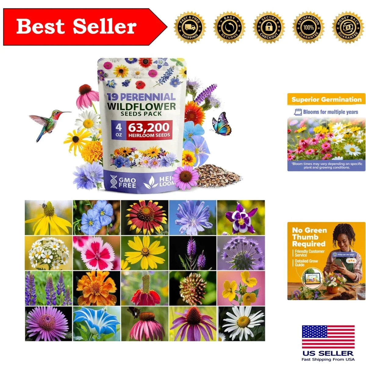 Wildflower Seeds 4oz Non-GMO Perennial Mix for Pollinators – 19 Varieties, Attract Bees & Butterflies, Eco-Friendly Garden Seeds