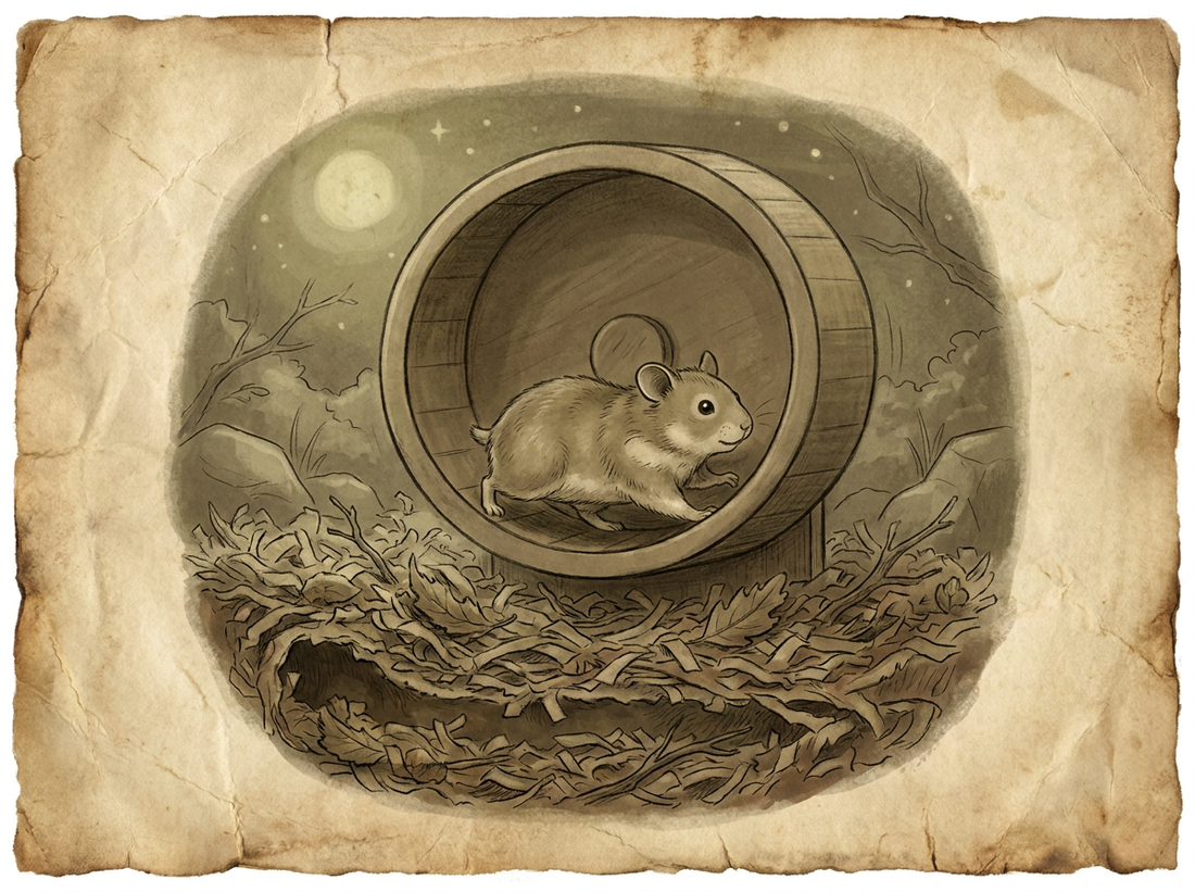 Hamster running on wheel in naturalistic enclosure — vintage illustration