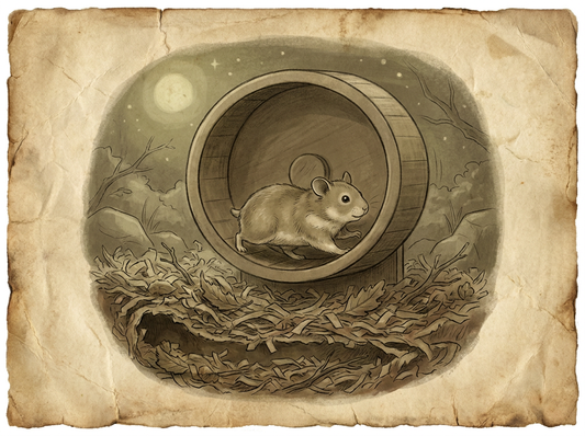 Hamster running on wheel in naturalistic enclosure — vintage illustration