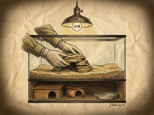 Reptile terrarium being set up with UVB light and hides — vintage illustration
