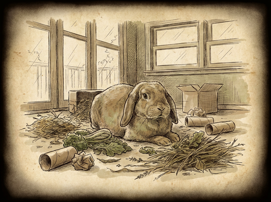 Lop-eared rabbit free-roaming with hay and enrichment — vintage illustration