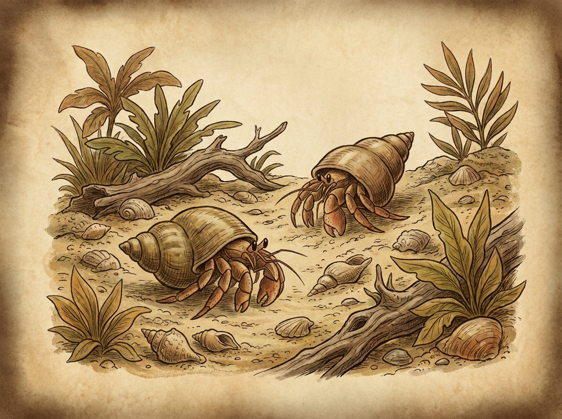Hermit crabs in naturalistic enclosure — vintage illustration