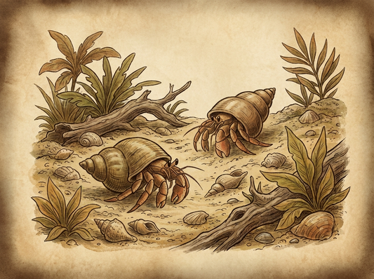 Hermit crabs in naturalistic enclosure — vintage illustration