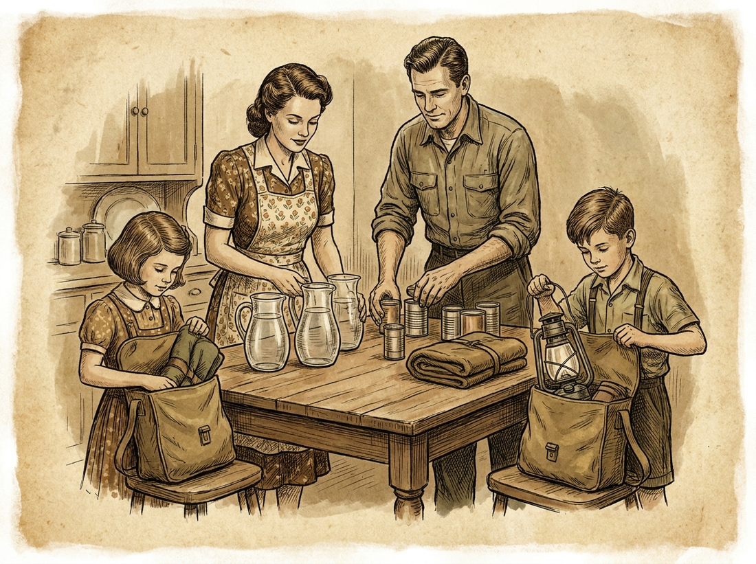 Self-reliant family with survival gear — vintage illustration