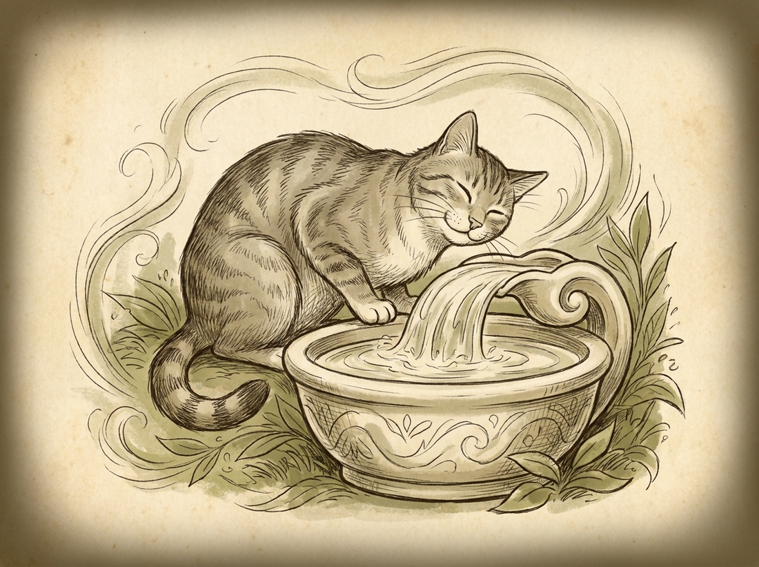 Cat drinking from water fountain — vintage illustration