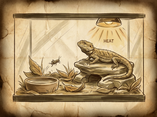 Bearded dragon hunting cricket in terrarium — vintage illustration