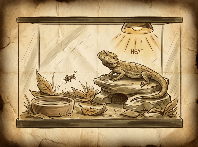 Bearded dragon hunting cricket in terrarium — vintage illustration