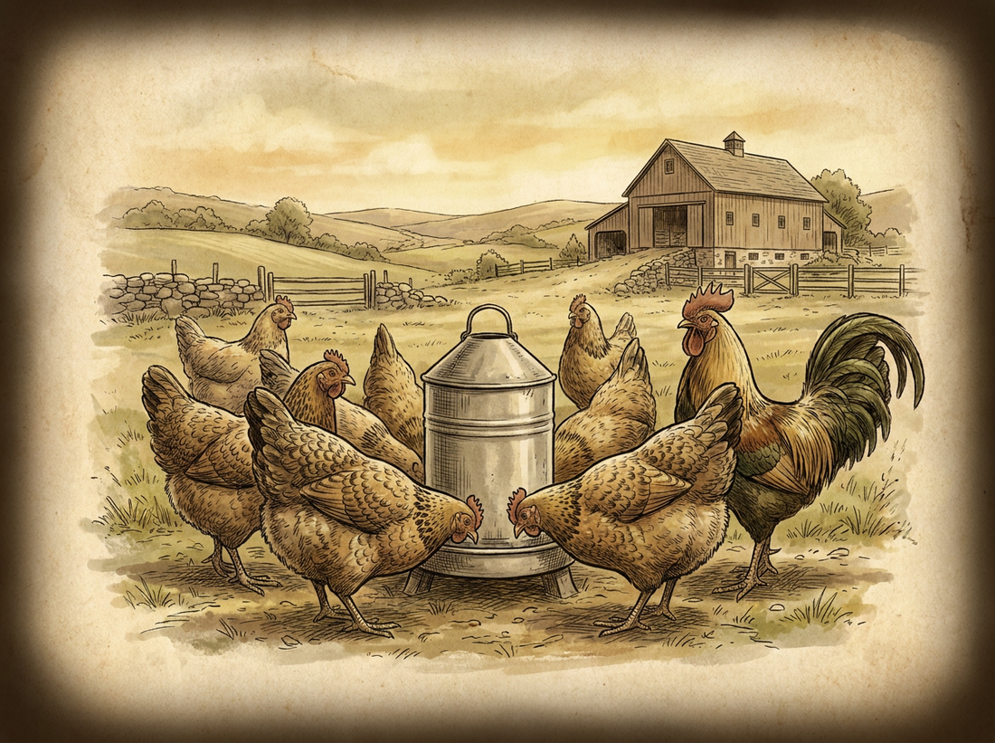 Backyard hens at poultry waterer — vintage illustration