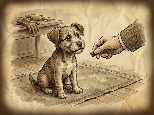 Puppy sitting attentively during training session — vintage illustration