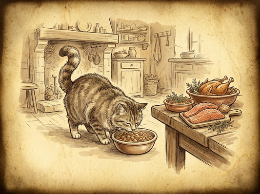 Cat eating wholesome freeze dried food — vintage illustration
