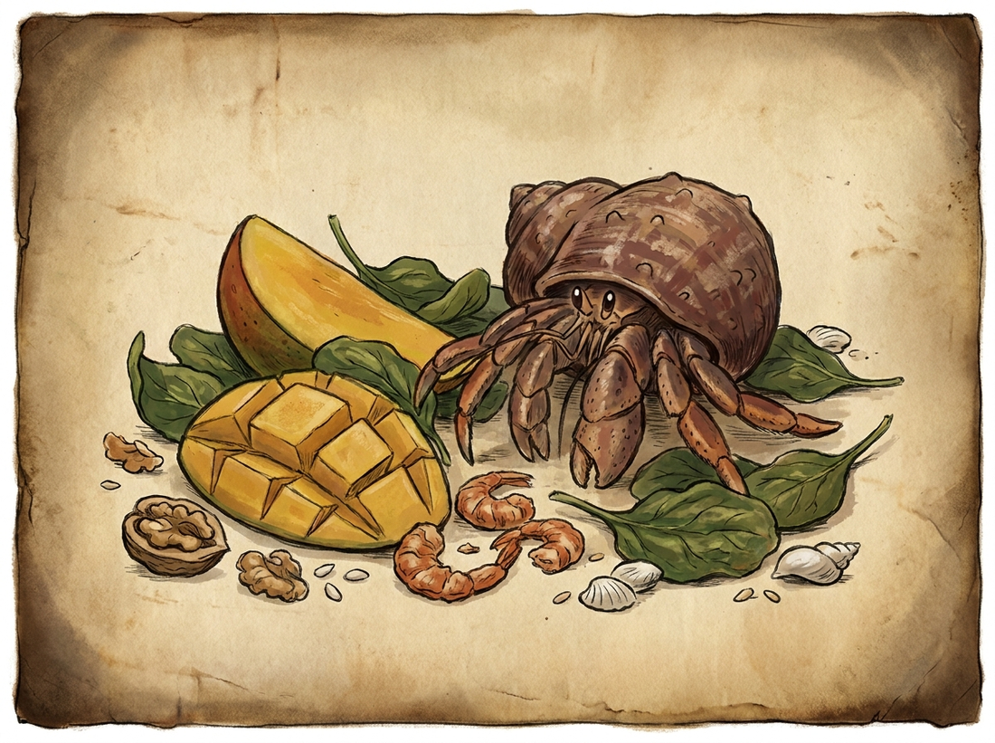 Hermit crab foraging on natural diet spread — vintage illustration