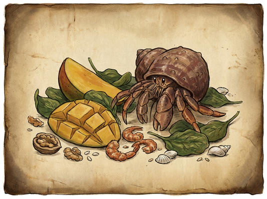 Hermit crab foraging on natural diet spread — vintage illustration