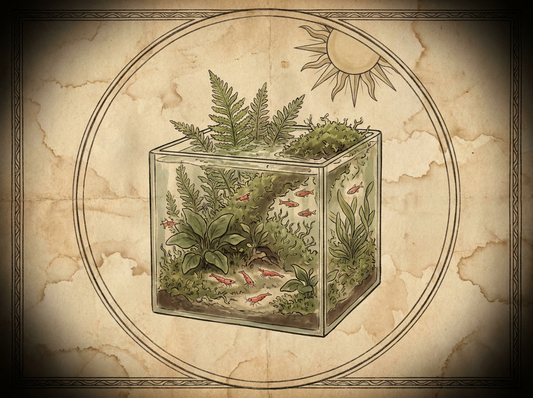Nano aquarium with cherry shrimp and ember tetras — vintage illustration