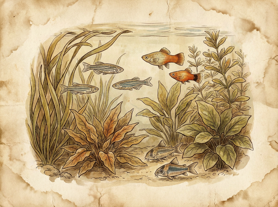 Freshwater community aquarium with colorful fish — vintage illustration