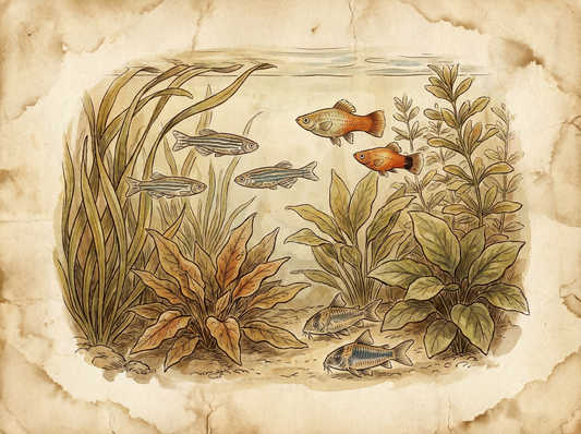 Freshwater community aquarium with colorful fish — vintage illustration