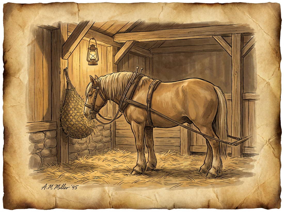 Horse eating from hay net in Lancaster County barn — vintage illustration