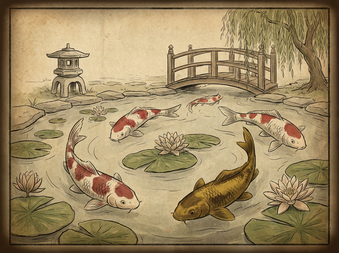 Colorful koi swimming in backyard pond with lily pads — vintage illustration