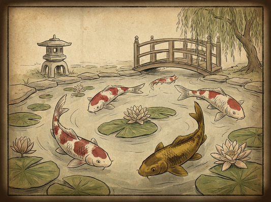 Colorful koi swimming in backyard pond with lily pads — vintage illustration