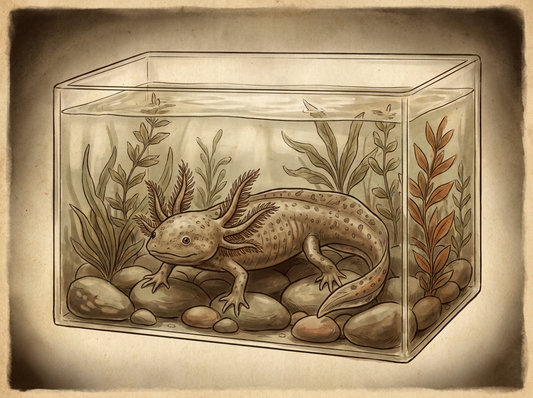 Axolotl with feathery gills on river stones — vintage illustration