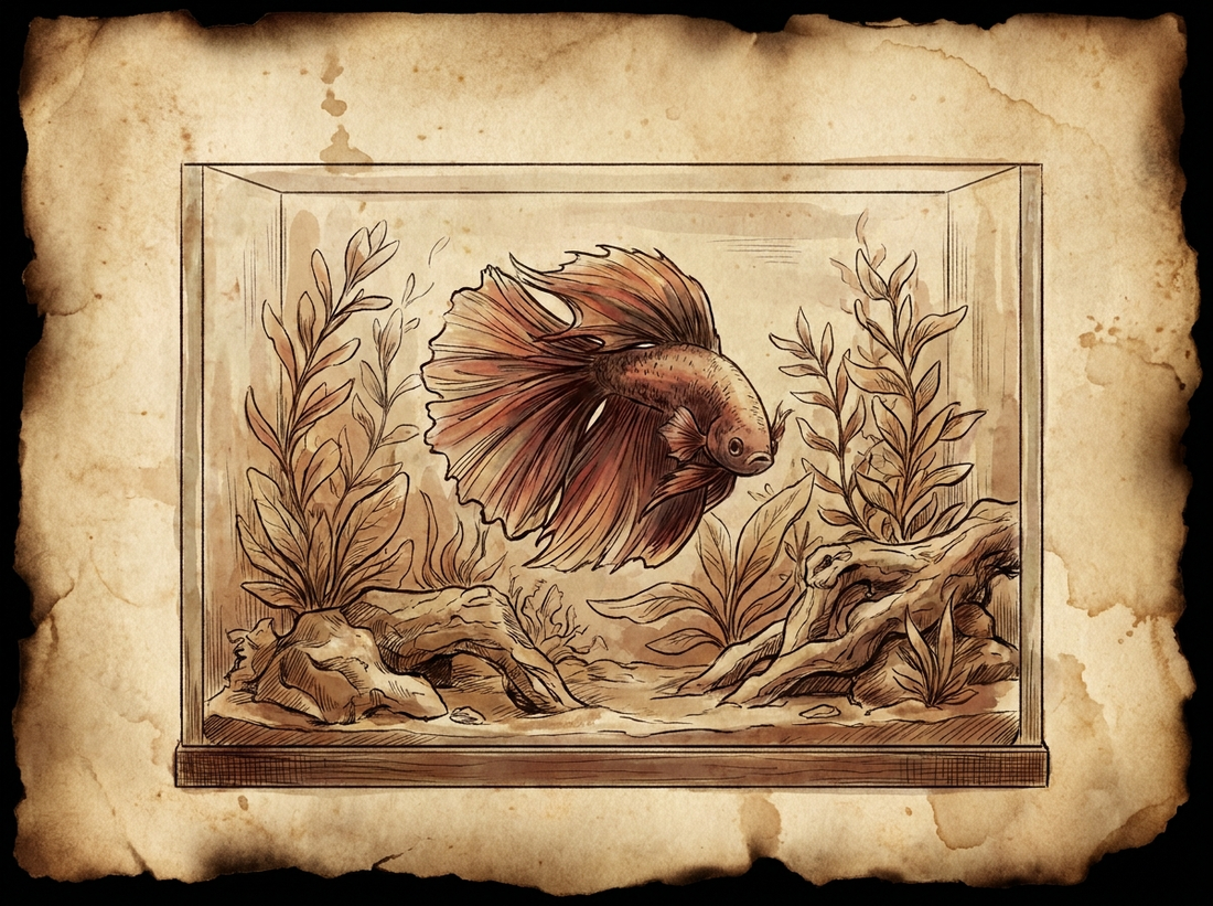 Betta fish in planted aquarium — vintage illustration