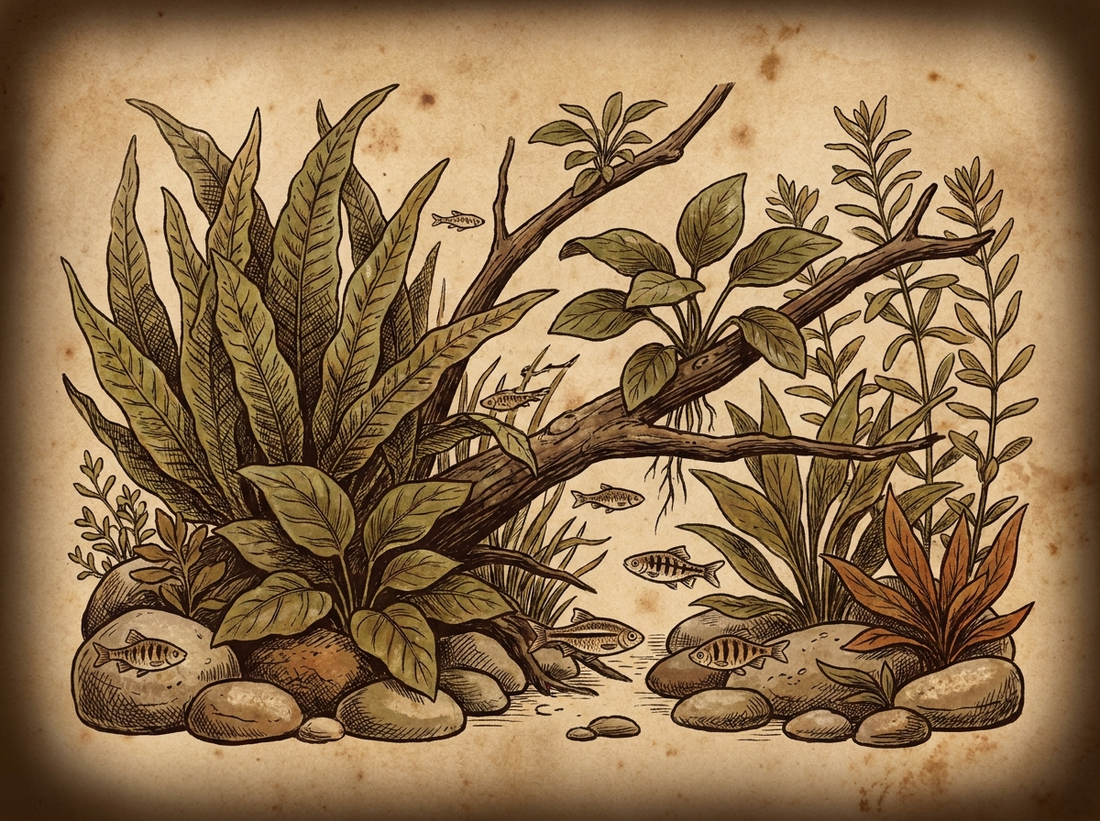 Lush planted freshwater aquarium — vintage illustration